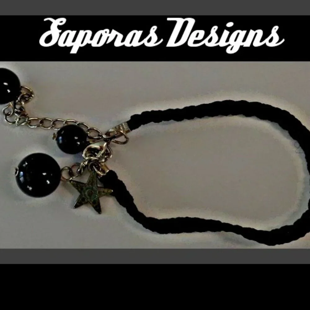 Handmade Black Braided Rope Bracelet With Black Beads & Vintage Silver Tone Star